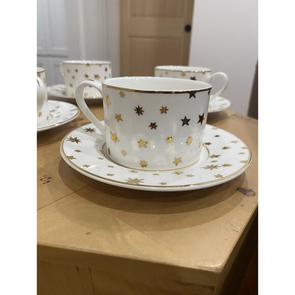 Sakura Galaxy White Cup and Saucer 14K Gold Stars Dinnerware Set Of 4 - 8 TOTAL - Picture 2 of 6